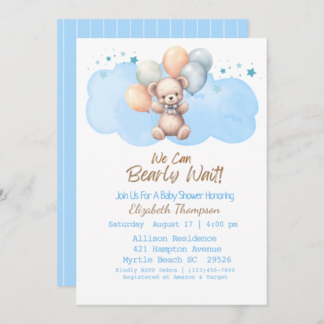 Blue Boys We Can Bearly Wait Bear Baby Shower Invitation (Front/Back)