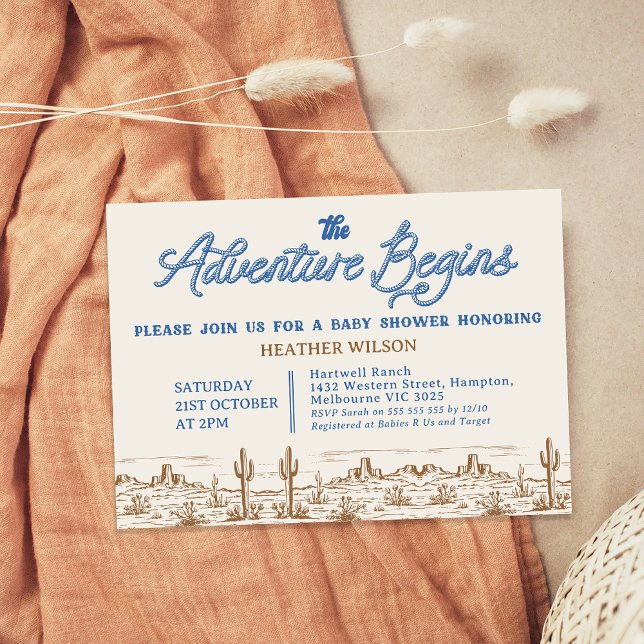 Blue Boys Wilderness Adventure Begins Baby Shower  Invitation (Boys Adventure Begins Baby Shower Invitation, Wilderness, Western Desert, Rodeo, Wild West Rope)