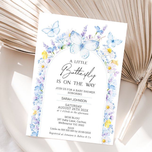 Blue Boys Wildflowers Little Butterfly Baby Shower Invitation (Modern Boys Baby Blue Little Butterfly Baby Shower Invitation,  Blue Butterflies Baby Shower Invite)