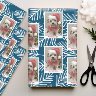 Blue Branches Merry Calligraphy Photo white type Wrapping Paper Sheet
