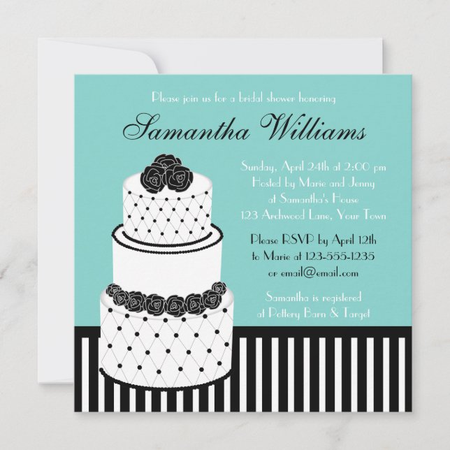 Blue Bridal Shower Black & White Wedding Cake Invitation (Front)