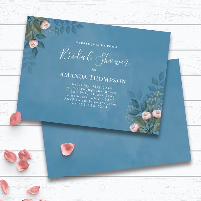 Blue Bridal Shower Elegant Floral Custom Invitation (Blue Bridal Shower Invitation with watercolor pink floral rose buds.)