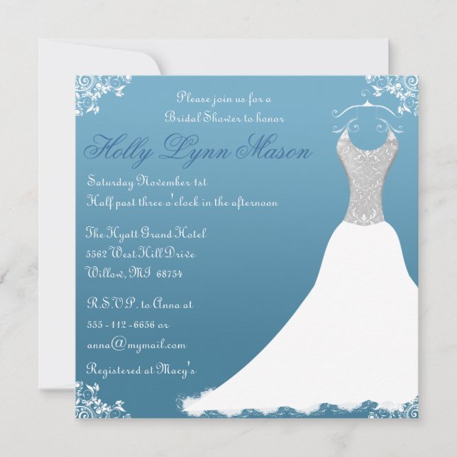 Blue Bridal Shower Wedding Gown Invitation (Front)