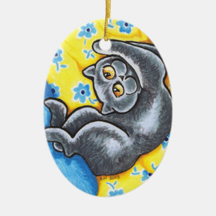 Blue British Shorthair Cat Flower Bed Ceramic Tree Decoration