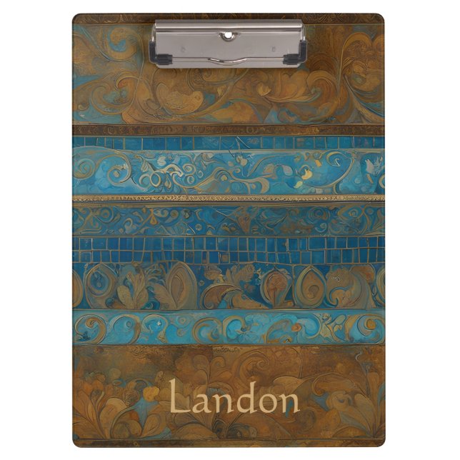Blue Bronze and Gold Grunge Stripes Clipboard (Front)