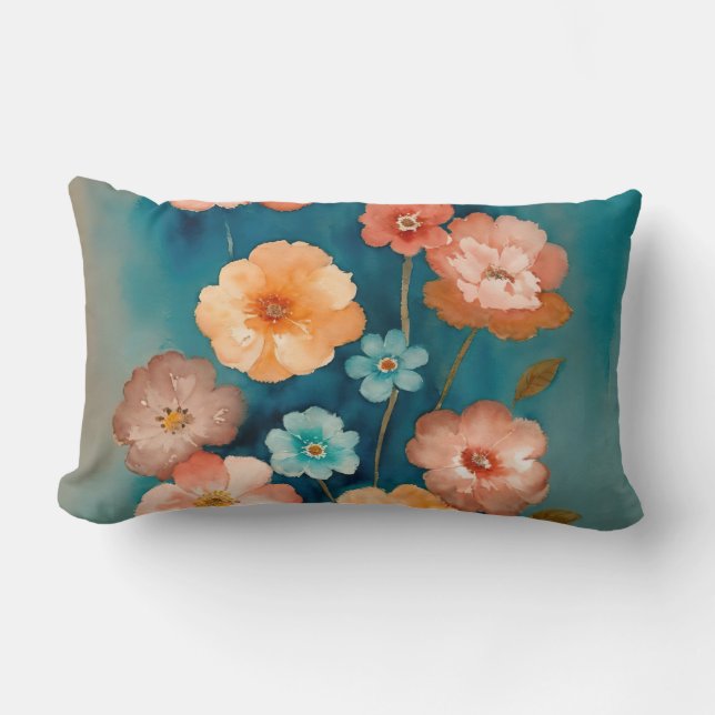 Blue, Bronze and Rust Floral Lumbar Cushion (Front)