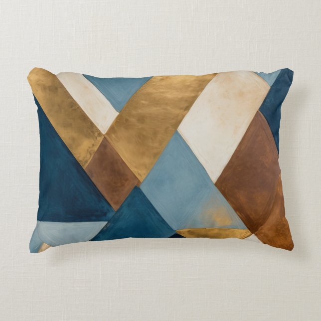 Blue bronze cream and gold geometric abstract decorative cushion (Front)