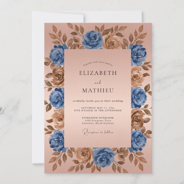 Blue Bronze Floral Romantic Wedding Invitation (Front)