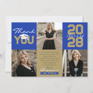Blue & Bronze Gold 3 Photo Graduation Thank You Invitation