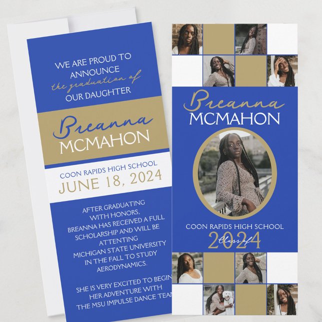 Blue & Bronze Gold 9 Photo Graduation Announcement (Elegant 9 Photo Graduation Double Sided Announcements in Blue Gold and White)