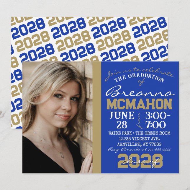 Blue & Bronze Gold Graduation Photo Invitation (Front/Back)