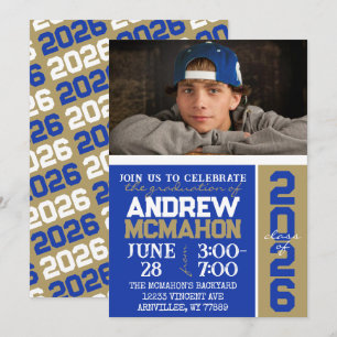 Blue & Bronze Gold  Graduation Photo Invitation