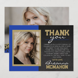 Blue & Bronze Gold Graduation Photo Thank You Card