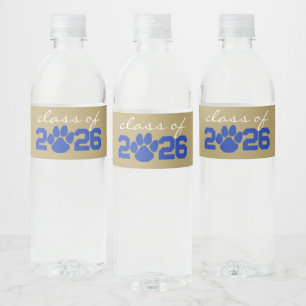 Blue & Bronze Gold Paw Print Graduation Water Bottle Label