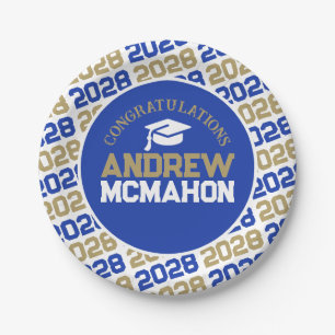 Blue, Bronze Gold & White Graduation Personalised Paper Plate