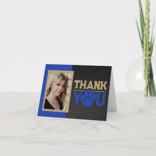 Blue & Bronze Paw Print Graduation 2 Photo Folding Thank You Card (Front)