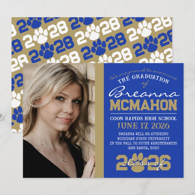 Blue & Bronze Paw Print Graduation Announcement (Front/Back)