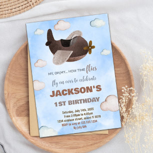 Blue Brown Aeroplane Birthday Invitations