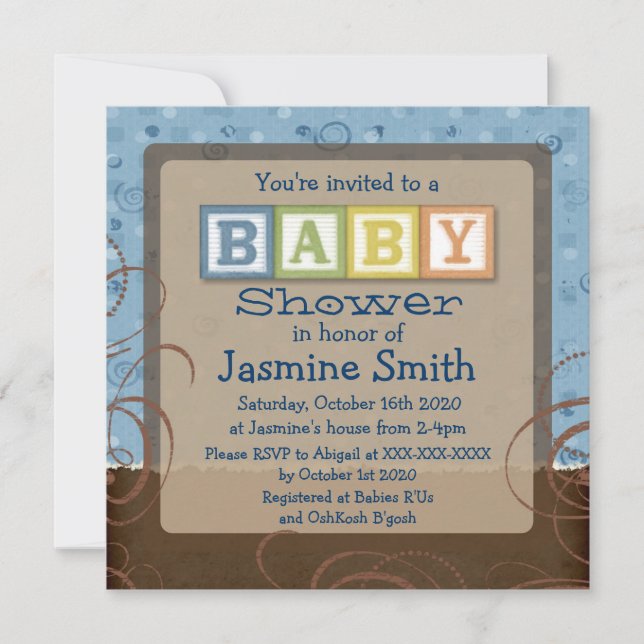 Blue brown baby blocks shower invitations (Front)