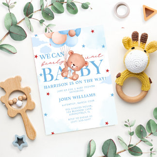 Blue Brown Baby Boy Bearly Wait Baby Shower Invitation