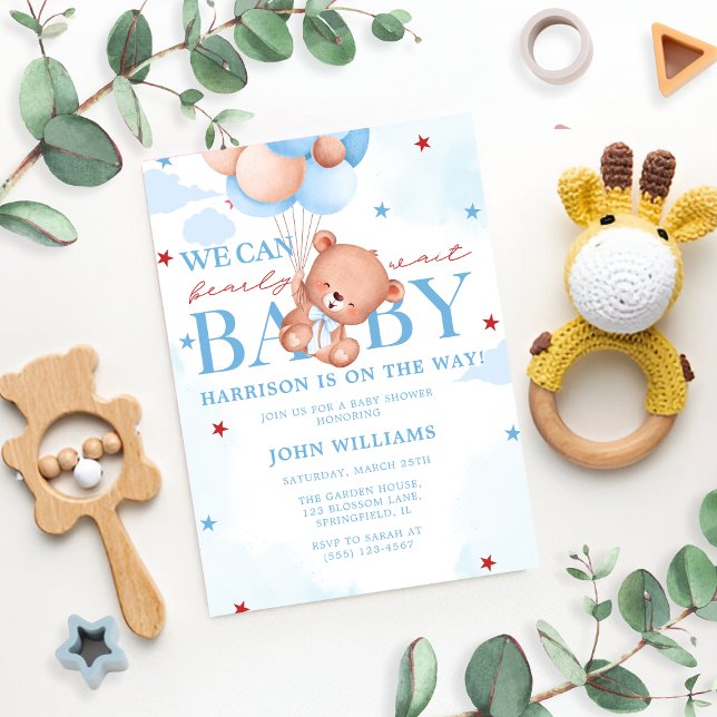 Blue Brown Baby Boy Bearly Wait Baby Shower Invitation (Creator Uploaded)