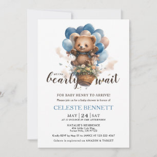 Blue Brown Balloon Bear Baby Shower Invitation