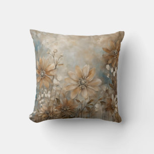 Blue Brown Beige Farmhouse Floral Throw Pillow