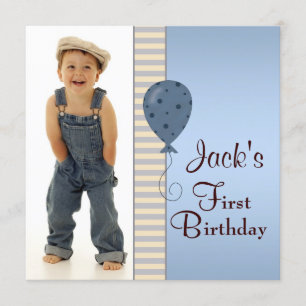Blue Brown Boys Photo 1st Birthday Party Invitation