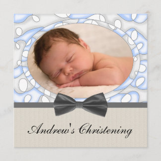 Blue Brown Boys Photo Christening Invitation