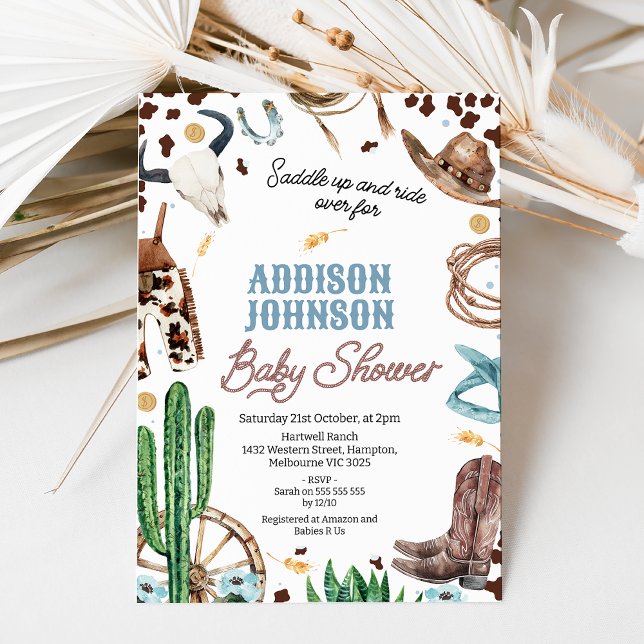 Blue Brown Boys Western Rodeo Baby Shower Invitation (Baby Boys Rodeo baby Shower Invitation, Western Baby Shower Invitation, Boys Wild West Baby Shower)