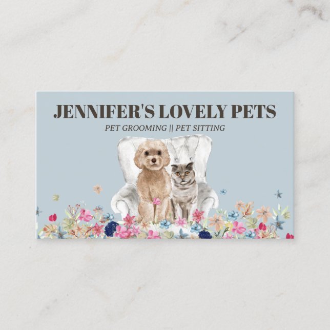 Blue Brown Cat Dog Pet Business Card (Front)