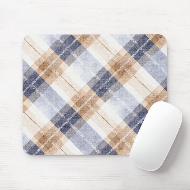 Blue Brown Cream Plaid Stripes Mouse Pad (With Mouse)
