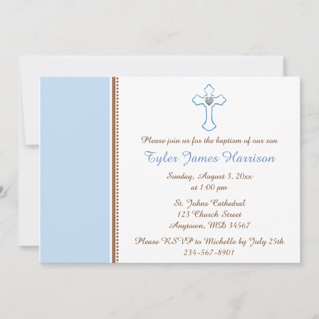 Blue Brown Cross Baby Boy Baptism / Christening Invitation (Front)