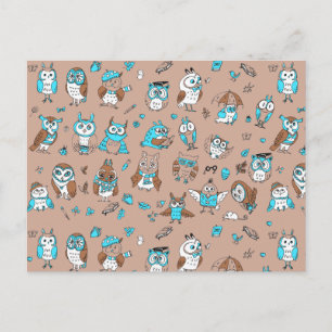 Blue brown cute owls pattern postcard
