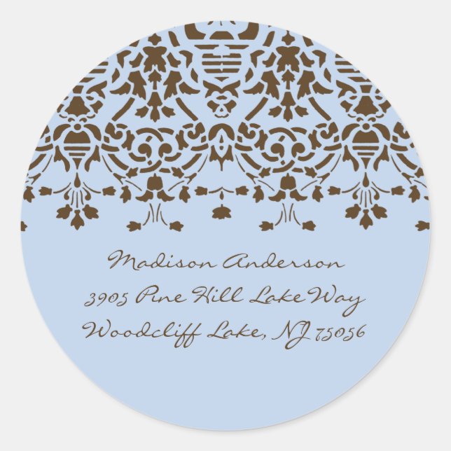 Blue & Brown Damask Address Label (Front)