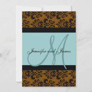 Blue Brown Damask Monogram Wedding Invitation