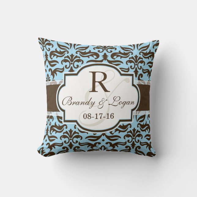 Blue & Brown Damask Wedding Cushion (Front)