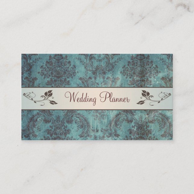 Blue brown damask Wedding Planner Business Card (Front)