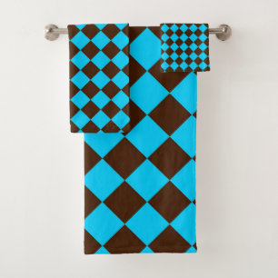 Blue Brown Diamond Chequered Pattern Bath Towel Set