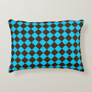 Blue Brown Diamond Chequered Pattern Decorative Cushion
