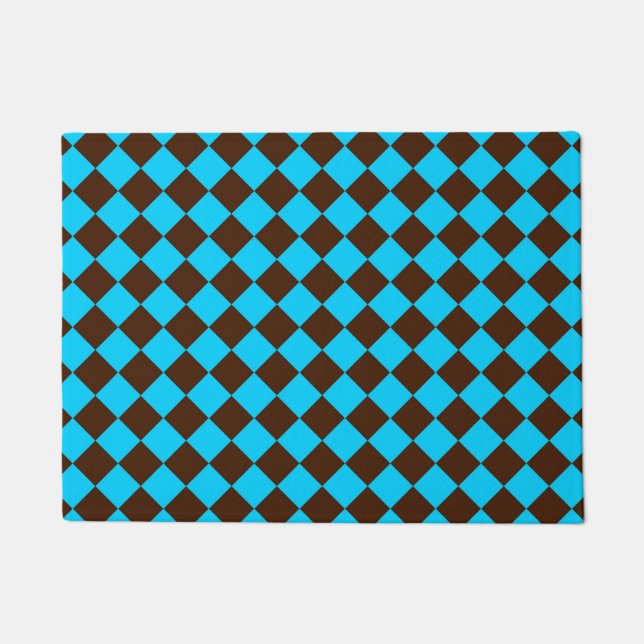 Blue Brown Diamond Chequered Pattern Doormat (Front)