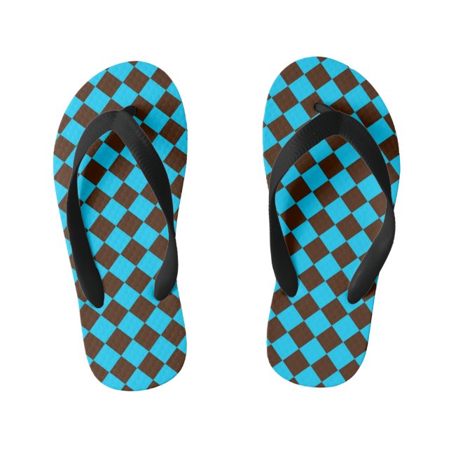 Blue Brown Diamond Chequered Pattern Kid's Jandals (Footbed)