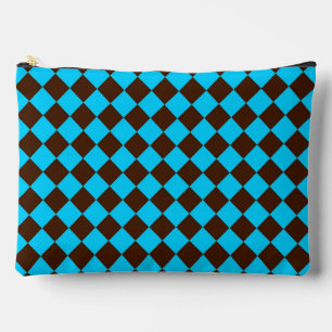 Blue Brown Diamond Chequered Pattern Large Accessory Pouch