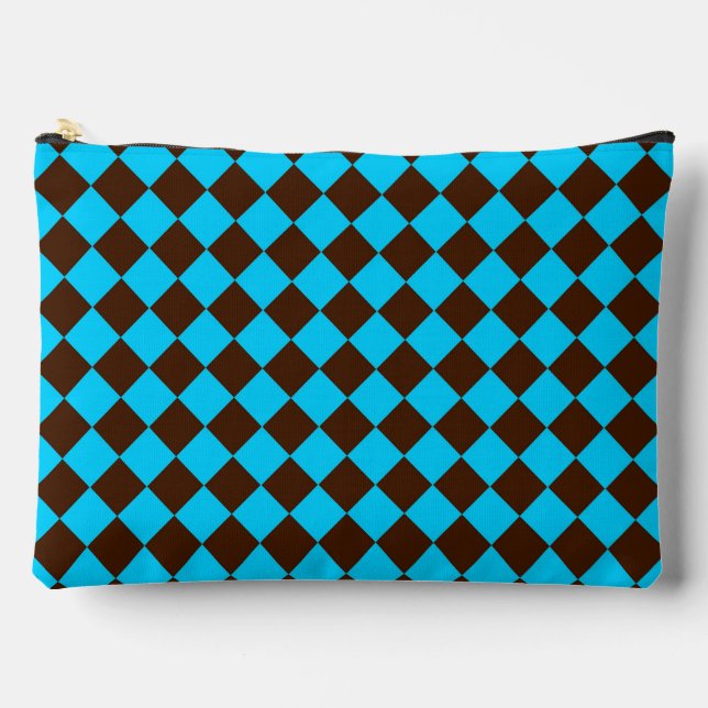 Blue Brown Diamond Chequered Pattern Large Accessory Pouch (Front)