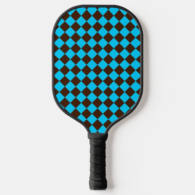 Blue Brown Diamond Chequered Pattern Pickleball Paddle (Front)