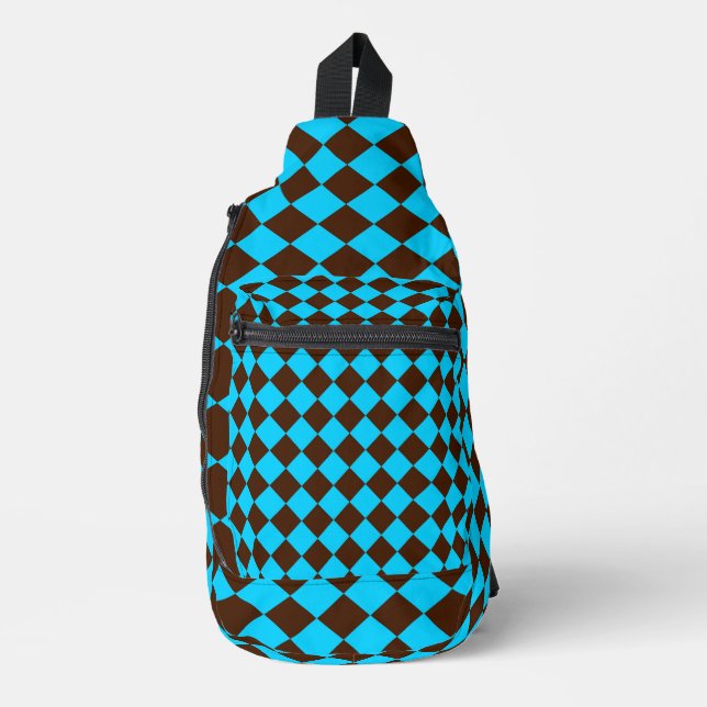 Blue Brown Diamond Chequered Pattern Sling Bag (Front)