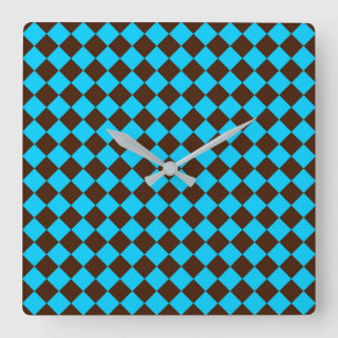 Blue Brown Diamond Chequered Pattern Square Wall Clock