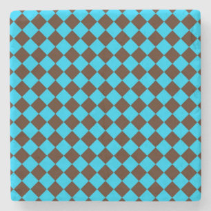 Blue Brown Diamond Chequered Pattern Stone Coaster