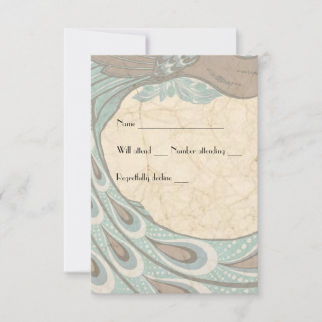 Blue Brown Faded Vintage Peacock rsvp Card (Front)