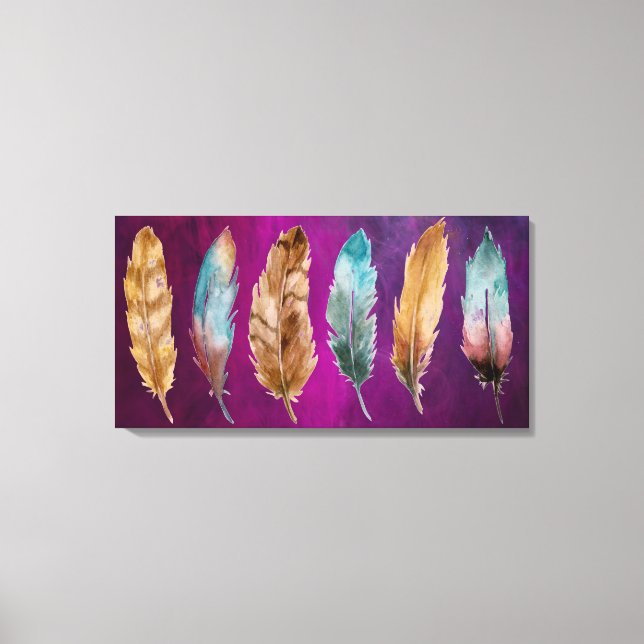 Blue Brown Feathers Purple Stretched Canvas Print (Front)